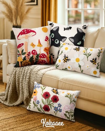 Embroidered Throw Pillow Cover 20x20 Inch, Mushroom Moon