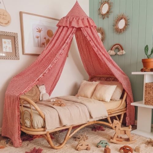 SmoothNovelty Gingham Plaid Bed Canopy, Red White, Round