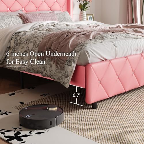 HOMBCK King Bed Frame with Leather Headboard, Silverside Wingback, Pink
