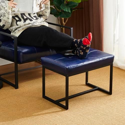 Glitzhome Ottoman Bench, Modern PU Leather Vanity Stools Chairs with Metal Frame, Makeup Stool Padded Foot Rest Stool for Living Room Vanity, Entryway, Bathroom,Navy Blue
