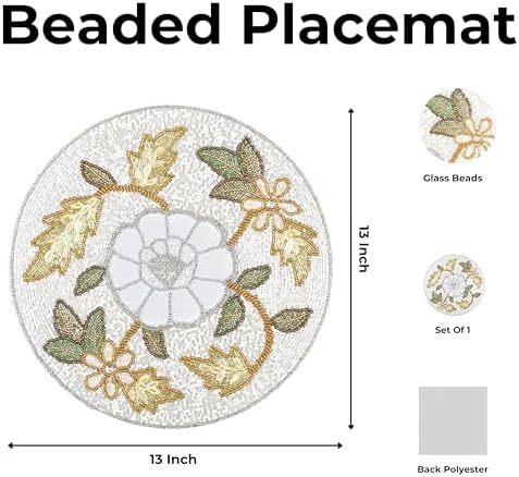 Beaded Round Placemat 13 Inch,Gold Ivory Multi Floral Leaf Design Table Mat