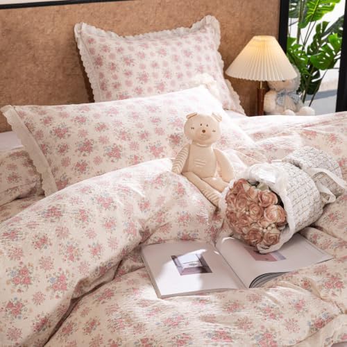 Floral Duvet Cover Queen Pink Flower Bowknot Lace Ruffle Duvet Cover Set Country Vintage Farmhouse Bedding Set for Girls Kids Textured Seersucker Reversible Comforter Cover 3 Pcs