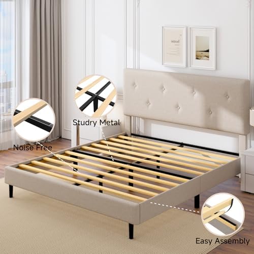 Full Size Linen Bed Frame with Adjustable Headboard Beige