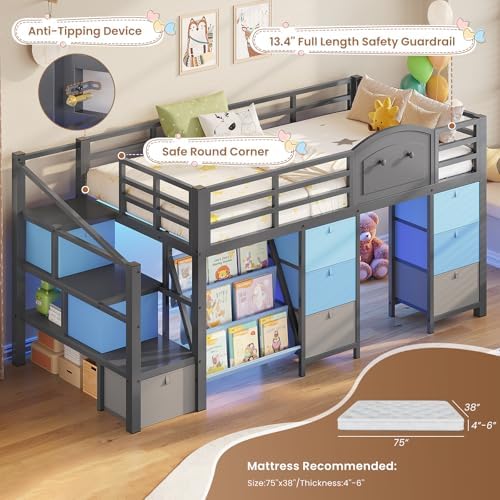 Low Loft Bed Twin Size with 9 Storage Drawers, Bookcase and LED Lights, Metal Kids Loft Bed with Wide Staircase, Open Shelves and Safety Guardrail, Twin Loft Bed with Under-Bed Playhouse, Grey