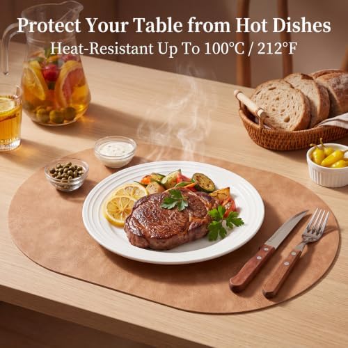 Oval Placemats Set of 12, Wipeable Faux Leather, Soft Apricot