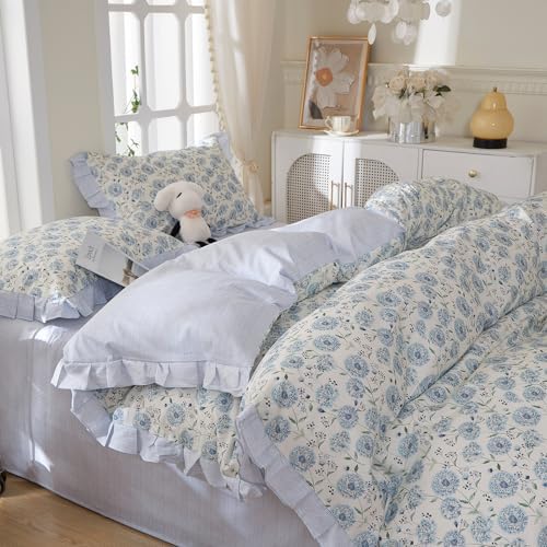 Blue Floral Duvet Cover King Size - 100% Cotton Dandelion Flower Comforter Cover with Romantic Ruffle Lace, Coquette Aesthetic Floral Bedding Set Wildflower Botanical Duvet Cover with Zipper Closure