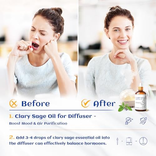HIQILI Clary Sage Oil Essential, Herbal Sooth Aroma in Diffuse, Meditation, Calming Sleep at Bedtime, Body Massage, Moisturize Skin, DIY Deodorant Spray - 100ML