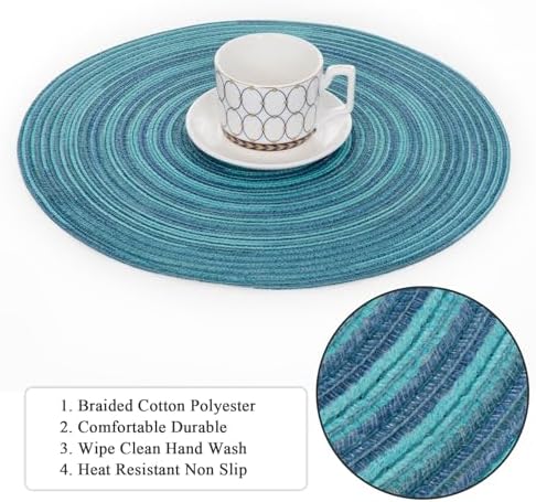 SHACOS 15 inch Round Placemats Set of 6 Variegated Multicolor Place Mats Cotton Polyester Braided Non Slip Washable Heat Resistant Table Mats for Home Wedding Dinner Party Table Decor, Rainbow Teal