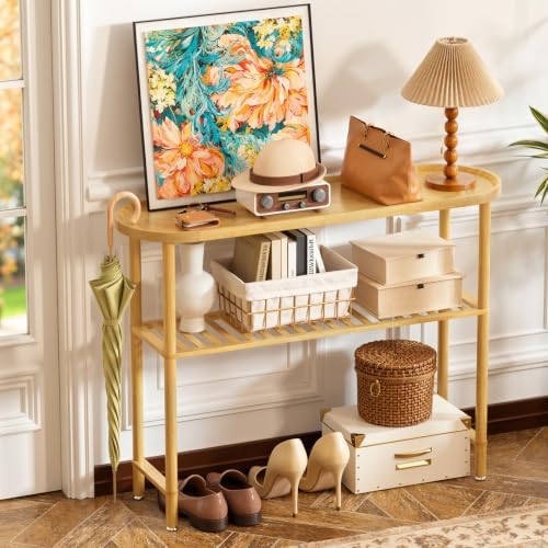 Narrow Console Table Bamboo 39.4", Modern Entryway Table for Hallway Oval Top, Sofa Console Table with Anti-Fall Edge, TV Stand for Living Room, Indoor Outdoor Plant Stand, 5min Easy Assembly