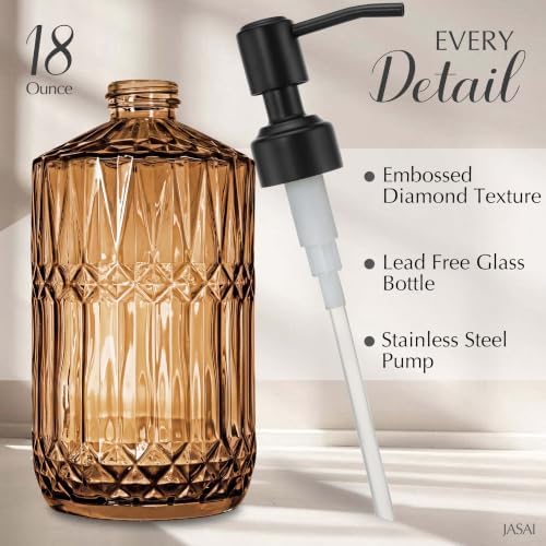 JASAI 18Oz Amber Glass Soap Dispenser with Black Pump for Bathroom.