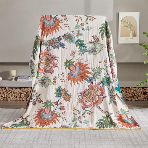 Boho Throw Blanket for Bed 100% Cotton Bohemian Blankets Ultra Soft Woven Muslin Decorative Blankets All Seasons Vintage Quilt Knitted Blanket for Sofa Chair(Beige, 50"x60")