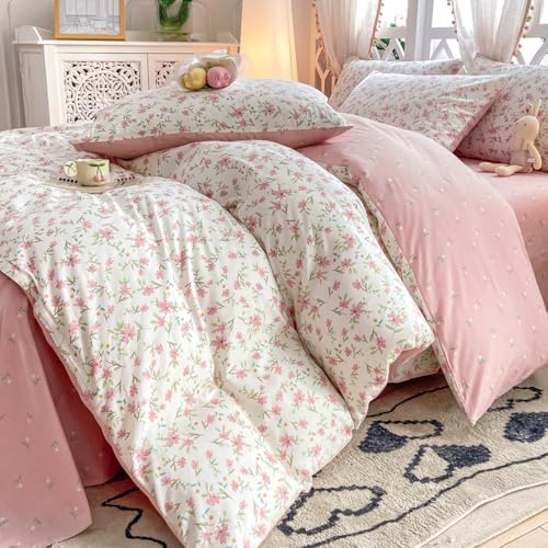 Girl's Pink Flower Duvet Cover Set 100% Cotton Twin(68"x86"),Pink White