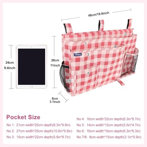 Surblue Bedside Caddy Hanging Bed Organizer Storage Bag Pocket for Bunk and Hospital Beds, College Dorm Rooms Baby Bed Rails, Camp 8 Pockets, (Large, Red Plaid)