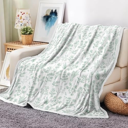 Floral Fuzzy Blanket Green Floral Throw Blanket, Botanical Flowers Blankets, Soft, Flannel, Warm, Boho Flowers Bed Blankets All Season for Couch Bedroom Living Room 50X70 Inch