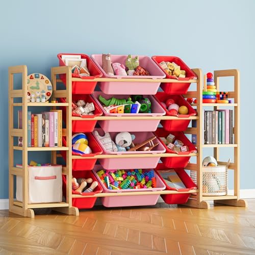 SpaceAid Toy Storage Organizer with 6 Shelves and 12 Bins, Toy Organizers Storage Bookshelf, Kids Bin Shelf Toys Box Bookcase for Bedroom Playroom Organization Room Decor, Red and Pink