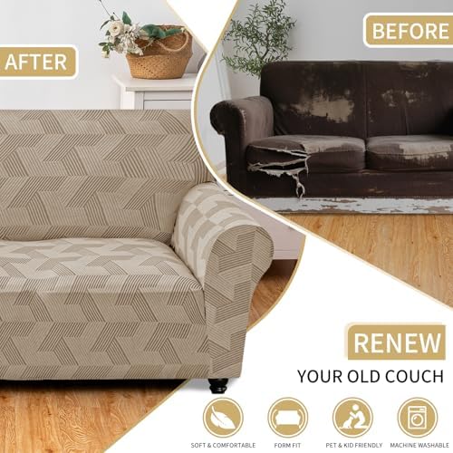 JIVINER 1 Piece Couch Cover for 2 Cushion Couch, High Stretch Loveseat Covers with Elastic Bottom, Washable Sofa Slipcovers for Dog, Pets Feature Geometrical Jacquard Fabric (Loveseat, Khaki)