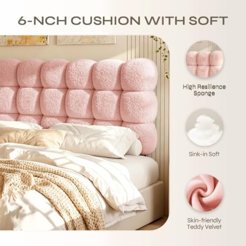 Pinmoco Queen Cloud-Shaped Upholstered Headboard, Teddy Fleece Pink