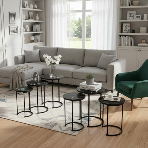 Lavish Home Round Nesting Tables Set of 6, Faux Marble Tabletop, Black