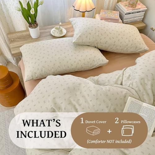 King Size Green Floral Duvet Cover Muslin 100% Cotton Rustic Aesthetic Comforter Cover,All Season Comfy Breathable Bedding Set with Zipper Closure.1 Duvet Cover and 2 Pillowcases