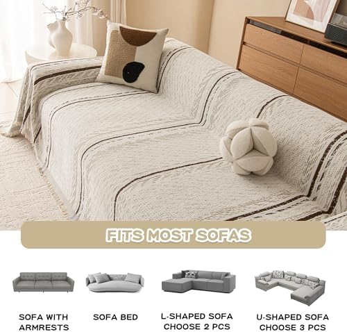 MEETSKY Boho Couch Covers for Sofa, Couch Covers for Dogs, Modern Sofa Slipcover for Sectional Sofa Covers Washable, Chenille Blend Thick Fabric Couch Blanket Cover for Living Room, 71" x 118", Beige