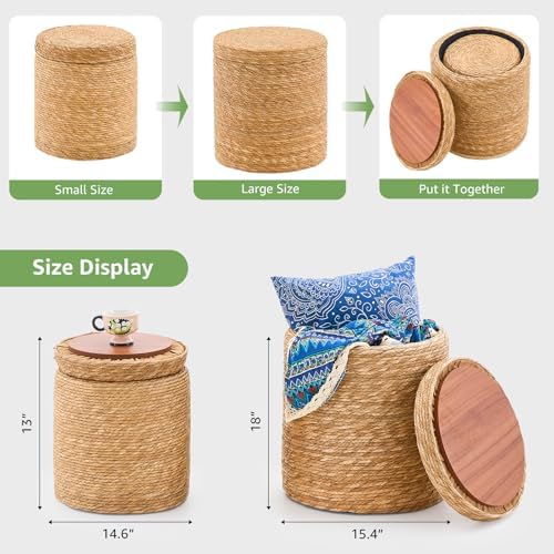 Nested Set Round Pouf Ottomans Handwoven Natural Grass Pouffe Rattan Stool