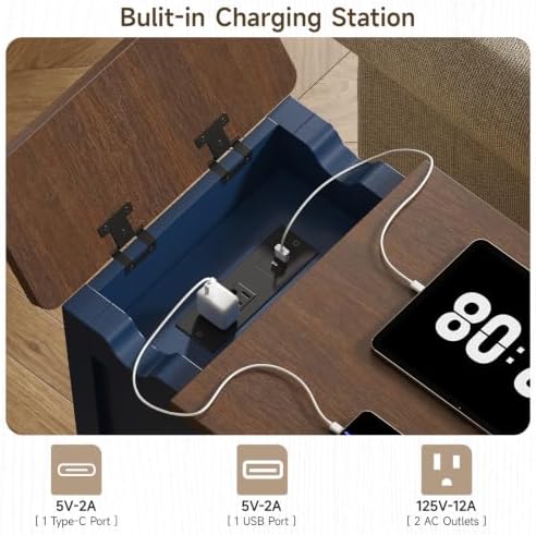 ONBRILL Rustic End Table with Charging Station, Narrow Side Table, Blue