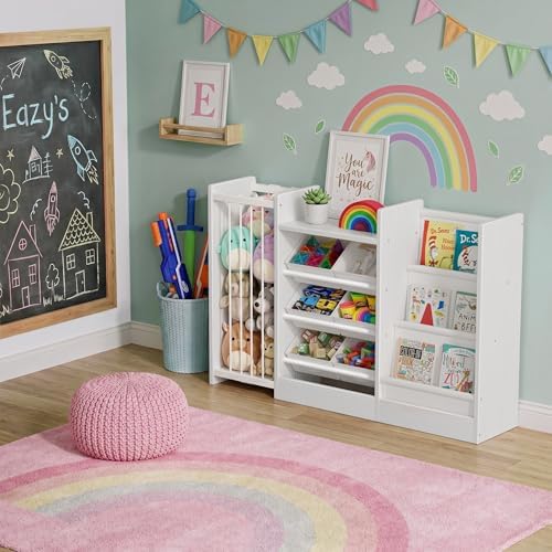 BOLUO Kids Toy Storage Organizer with Bookshelf, 3-in-1 Kid Book and Toy Storage Holder Shelves for Baby Toddler Playroom Living Room White