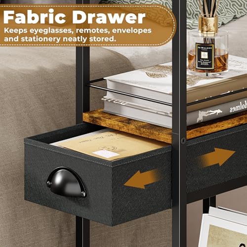 C Shaped Sofa Side Table with Wheels, Rolling Small Coffee Table with Drawer, Portable TV Tray Table for Couch, Bedside Table with Storage, Narrow Nightstand for Bedroom, End Tables Living Room
