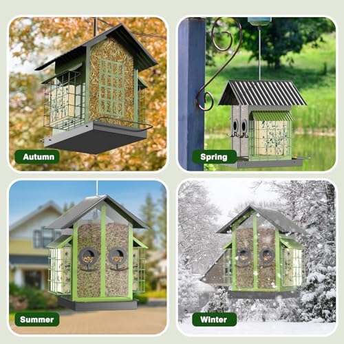 FlowaFoli Bird Feeders for Outdoors, Metal Bird Feeder with Double Suet Cage Weatherproof Metal Roof, 2 in 1 Mixed Seeds Suet Feeder, 4Lbs Large Capacity, Great for Finch、Cardinal、Chickadee（Green）