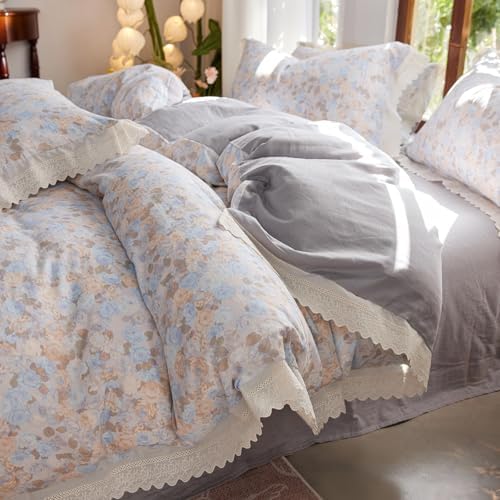 LifeTB Vintage Floral Duvet Cover Set King, 3 Pieces Romantic Ruffle Lace Bedding Set, Soft Cotton Muslin Duvet Cover with 2 Pillowcases, Botanical Flower Breathable Gauze Comforter Cover King
