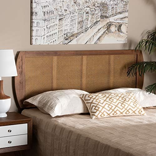 Baxton Studio Harris Mid-Century Modern Ash Walnut Finished Wood and Synthetic Rattan King Size Headboard