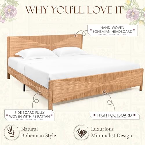 Brafab Hand-Woven Rattan King Bed Frame with Headboard and Footboard