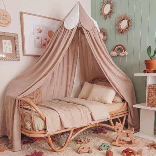 Bed Canopy with Scalloped Edge, 2 Panel Striped, Khaki