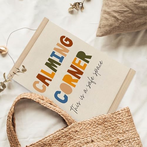 MAQIKA Calming Corner Mental Health Poster Framed with Wood Hanger, Therapy Office Hanging Wall Decor, Safe Space Sign Canvas Wall Art Paints for Therapy School Counselor Office Classroom, 12x16 Inch