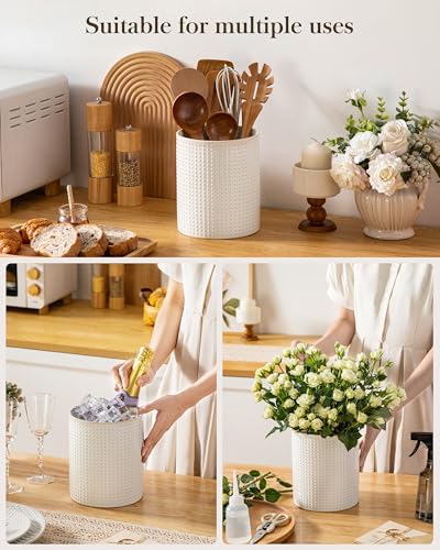 MALACASA LYDIA Ceramic Utensil Holder, 7.3"+5.5" Kitchen Utensil Crock Set for Countertop, Large & Small Utensil Organizers for Cooking Tools, Rhombus Pattern