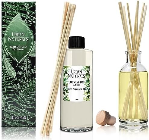 Urban Naturals Reed Diffuser Oil Refill Eucalyptus Sage with Mint, Lime, Cedarwood 8 oz + Free Reed Sticks, Made in the USA