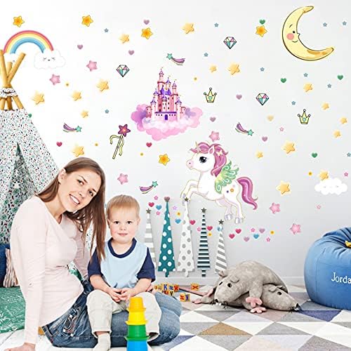 Glow in The Dark Stars and Unicorn Wall Decals, Glowing Castle Moon and Rainbow Stickers, 174 pcs Luminous Ceiling Decor for Kids Bedroom, Great Wall Decor for Girls and Boys Gift