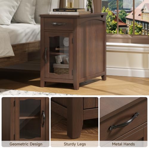ONBRILL Rustic End Table with Charging Station, Narrow Side Table, Walnut