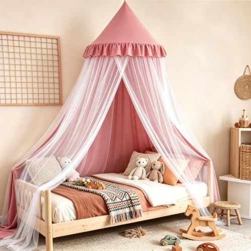 Kertnic Princess Bed Canopy for Girls, Double Layer Round Bed Mosquito Net, 31.5" Large Dome Indoor Castle Bed Tent, Sleeping & Reading Nook Curtain for Boys Girls (Dark Rusty-Pink)