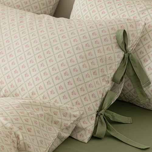 Pink Floral Duvet Cover Queen Cottage Vintage Bedding Set Queen Aesthetic Flower Cute Girls Duvet Cover Set with 2 Green Bowknot Pillow Shams Soft Cotton Grid Plaid Cream Comforter Cover