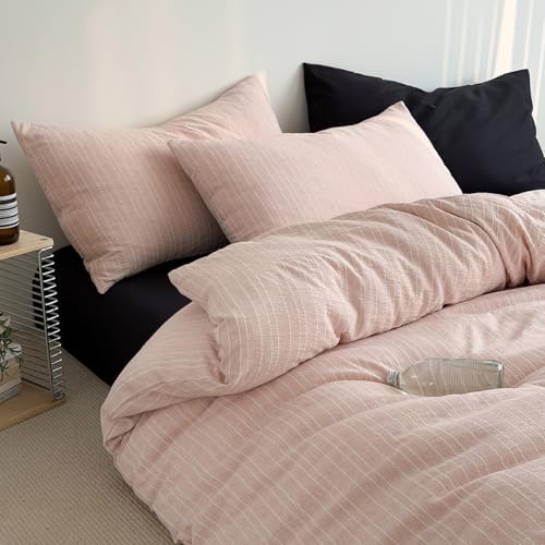 Girls Pink Striped Duvet Cover Queen 3Pcs Cottagecore Textured Bedding Set