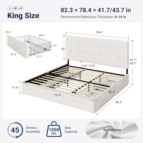 Allewie King Size Storage Bed Frame with 4 Underbed Drawers, Upholstered Platform Bed with Adjustable Headboard, Square Button Tufted, Easy Assembly, Noise-Free, No Box Spring Needed, Soft White