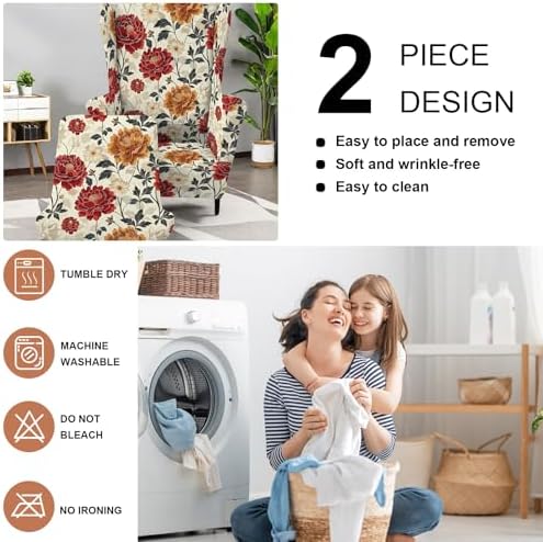 HAOYONG 2 Piece Wingback Chair Covers Stretch Wing Chair Slipcover Printed Wing Back Chair Covers with Arms Washable Spandex Fabric Armchair Cover Protection Furniture for Living Room and Bedroom