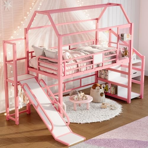 Bellemave Twin Size Metal House Loft Bed with Slide and Stairs,Heavy Duty Playhouse Loft Bed Frame with Storage Shelves for Kids,Teens,Adults,Pink