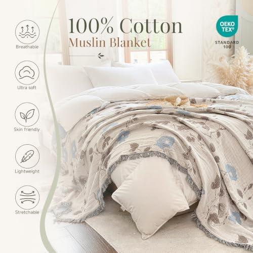Simple&Opulence Cotton Muslin Throw Blanket 50"x60", Reversible Yarn-Dyed Vintage Blue Floral Jacquard, 3-Layer Gauze with Tassels, Lightweight Breathable All-Season Decorative Blanket for Bed Couch