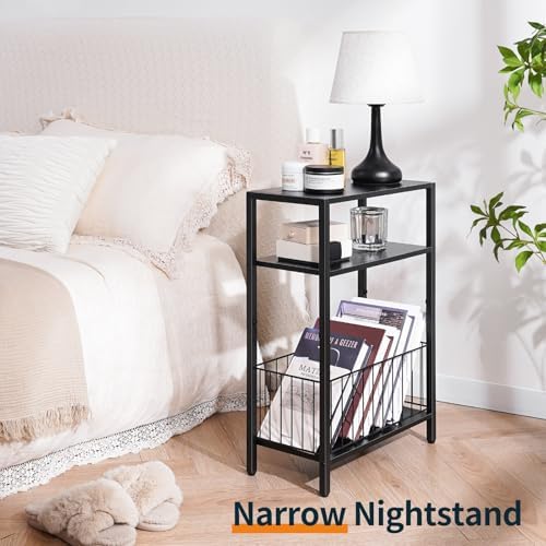 Narrow Side Table with Storage Basket Small End Table for Small Space,Black