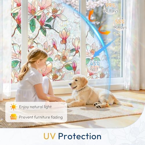 rabbitgoo Stained Glass Window Privacy Film, Magnolia, 23.6" x 78.5"