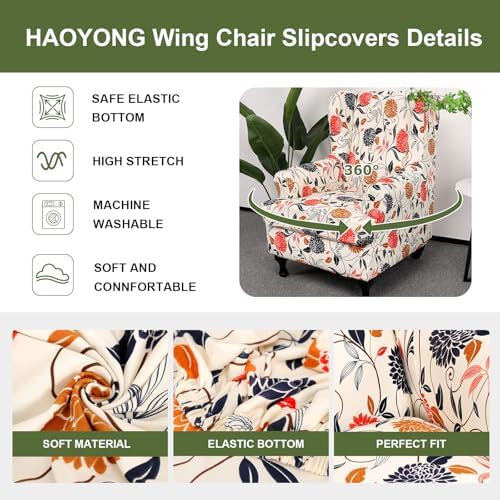HAOYONG Wing Chair Slipcovers Printed Wingback Chair Covers 2 Pieces Wingback Armchair Slipcover Stretch Chair Slip Covers Washable Armchair Protector Cover for Living Room and Bedroom