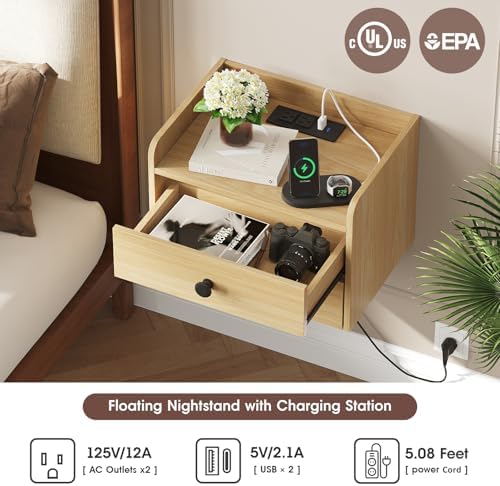 Floating Nightstand Set of 2 with 2 Storage Drawers and Charging Station