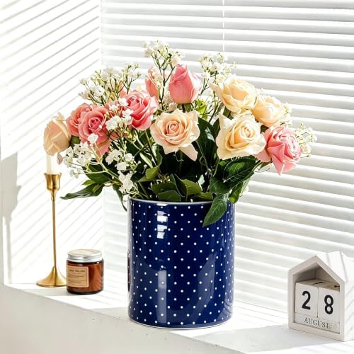 Kitchen Utensil Holder,7.2-inch Extra Large Ceramic Polka Dots Pattern Utensil Crock,Cooking Utensil Organizer for Kitchen Counter Decor,Storage Caddy Farmhouse Gift Dark Blue